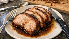 Rôti de porc à la broche laqué soja-miel : doré, tendre et bien caramélisé