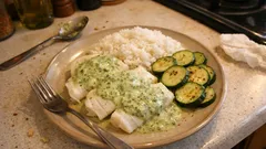 Cabillaud vapeur au Thermomix : sauce verte citronnée, riz et courgettes en même temps