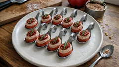 Cuillères apéritives en duo : mousse de thon, poivron grillé et tomate confite