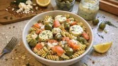 Salade de pâtes froides au saumon fumé, chèvre et aneth : fraîche et crémeuse