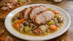 Coq au porc en cocotte : rôti de porc au poulet et bacon, sauce au vin blanc