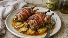 Cailles lardées sur lit de pommes de terre : le plat au four qui se fait tout seul