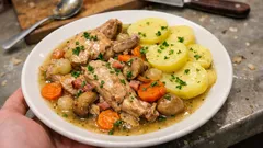 Lapin en gibelotte à la cocotte-minute : sauce au vin blanc et pommes de terre vapeur