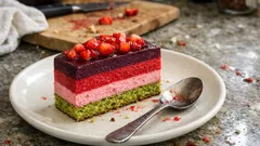 Entremets fruits rouges et pistache : trois mousses légères, une découpe parfaite