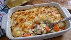 Gratin de cabillaud au Thermomix : carottes vapeur et purée à l’ail, bien gratiné