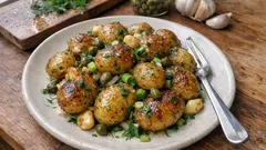 Pommes de terre nouvelles rôties au four : ail confit, câpres et herbes fraîches