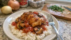 Cuisses de poulet au four version légère : sauce tomate aux champignons, simple et parfumée