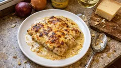 Poulet Gaston-Gérard au four : sauce vin blanc, moutarde et comté gratiné