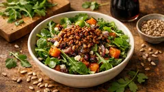 Salade hivernale mâche-roquette : graines de tournesol caramélisées au soja