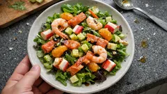 Salade au saumon fumé, crevettes, pomme et mandarines : fraîche, croquante et prête en 10 min