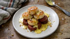 Bouchées de Saint-Jacques au chorizo : poêlée minute et crème safranée