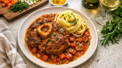 Jarret de bœuf façon osso buco : ultra fondant en cocotte, sauce tomate au vin blanc